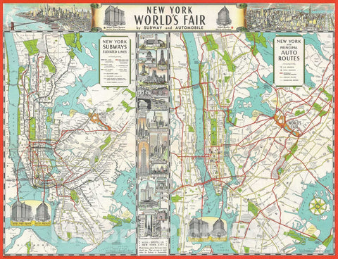 Historic Map : Subway and Auto Routes to The New York World's Fair, Hagstrom, 1939, Vintage Wall Art