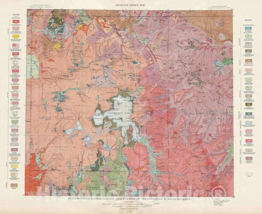 Historic Map : USGS Geologic Yellowstone National Park, 1904, Vintage Wall Art