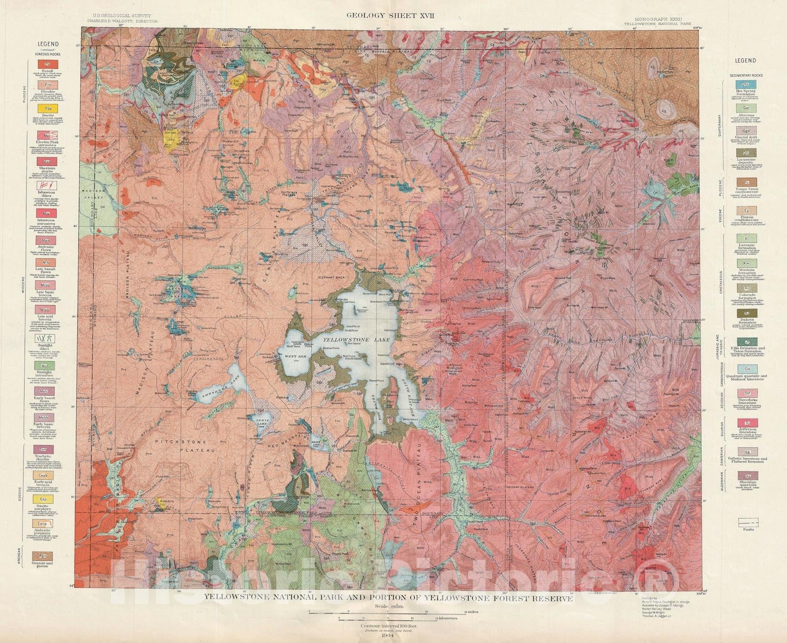 Historic Map : USGS Geologic Yellowstone National Park, 1904, Vintage Wall Art