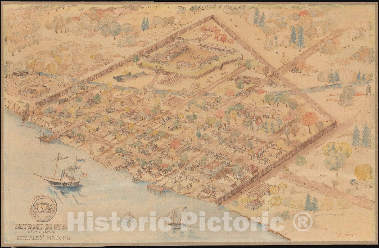 Historic Map : Bird's Eye View Detroit, Michigan in 1818, Mithoff, 1931, Vintage Wall Art