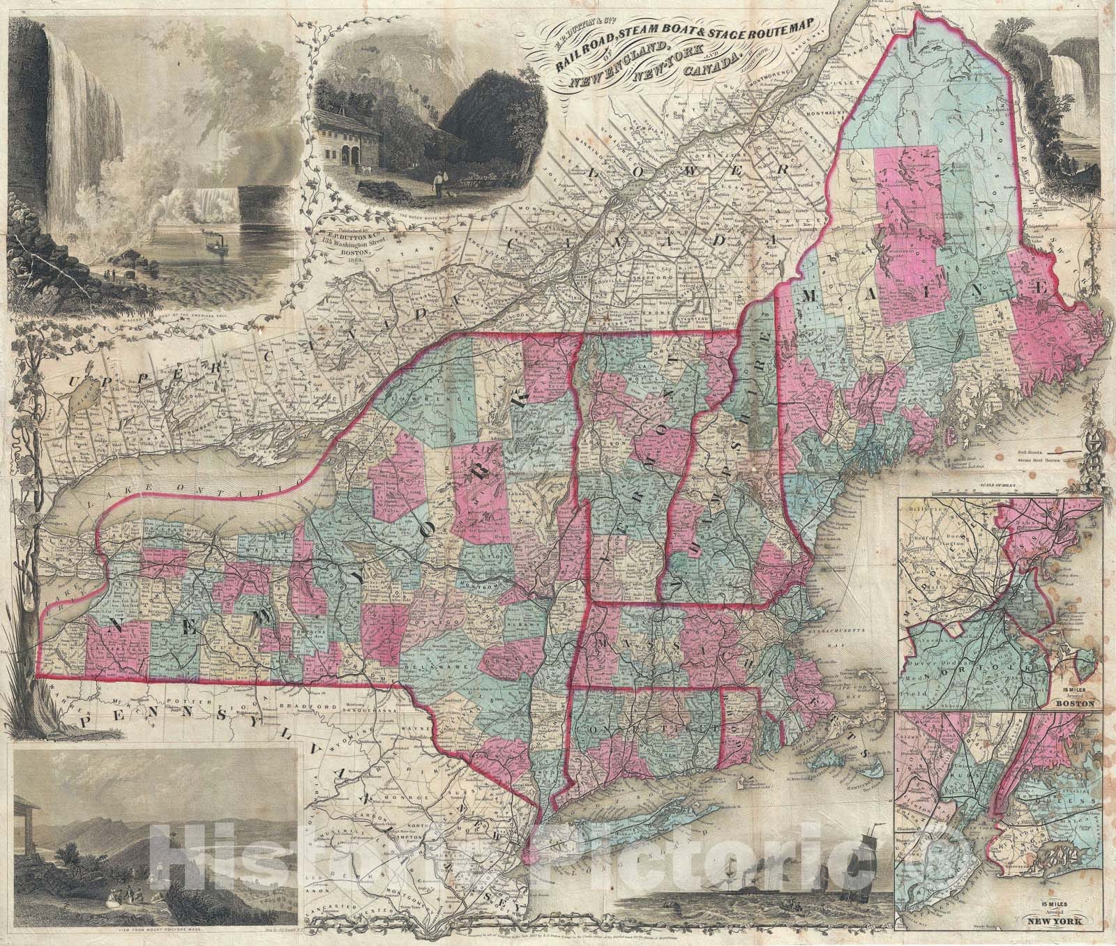 Historic Map : New England, New York, and Canada, Dutton and Smith, 1866, Vintage Wall Art