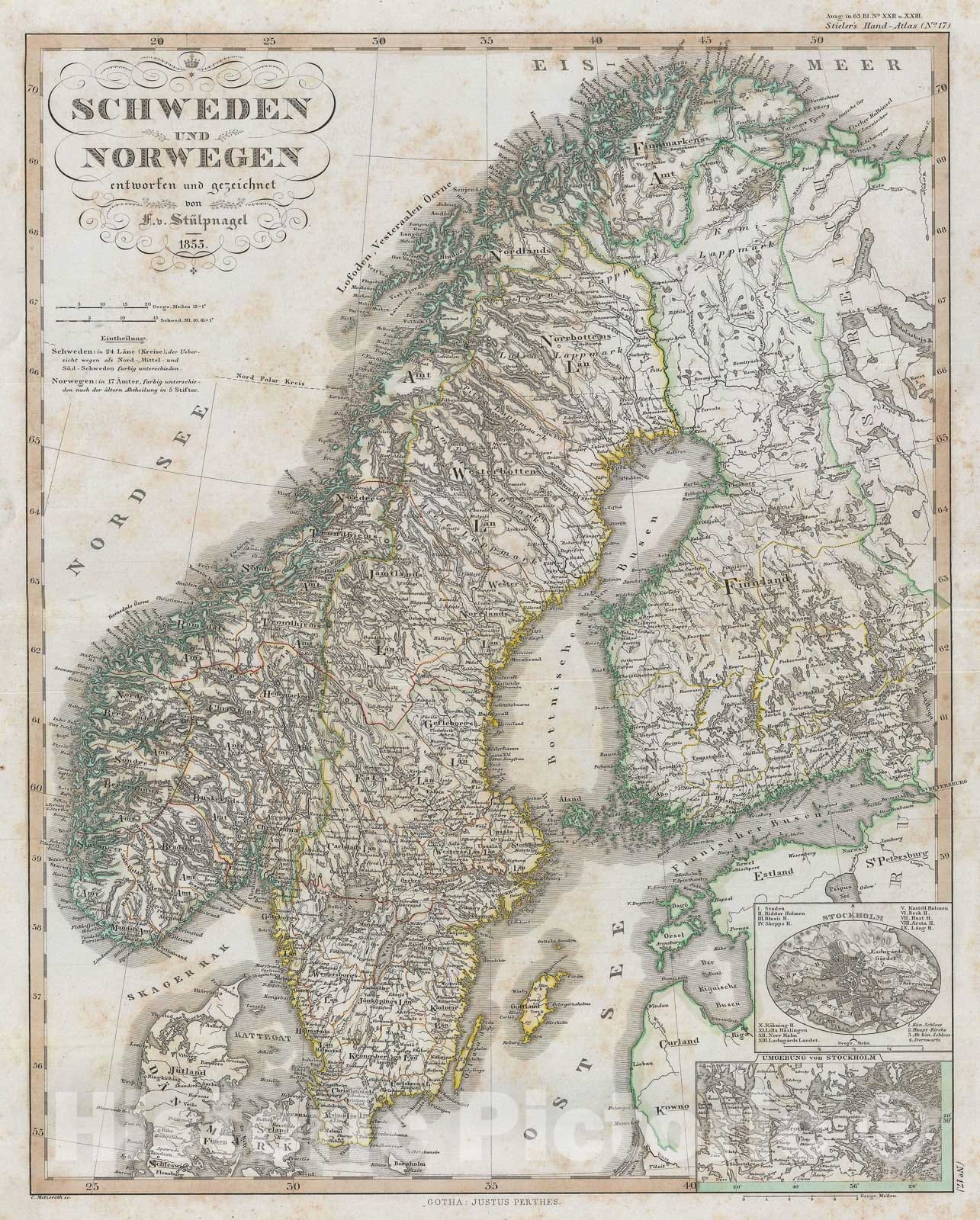 Historic Map : Sweden and Norway, Perthes, 1853, Vintage Wall Art