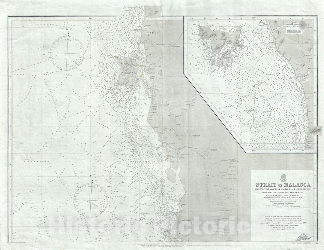 Historic Map : The Malacca Strait and Penang, Malaysia, British Admiralty, 1889, Vintage Wall Art