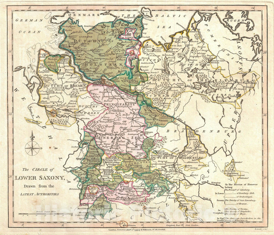 Historic Map : Lower Saxony, Germany, Wilkinson, 1794, Vintage Wall Art