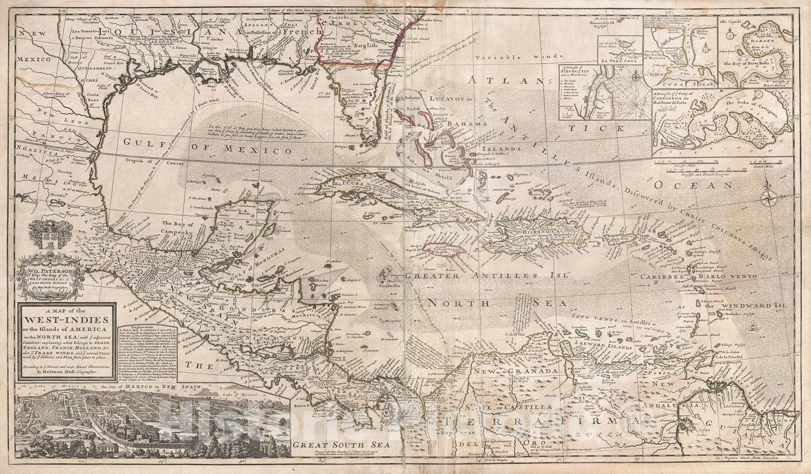 Historic Map : The West Indies, Florida, Mexico, and The Caribbean, Herman Moll, 1732, Vintage Wall Art