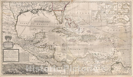 Historic Map : The West Indies, Florida, Mexico, and The Caribbean, Herman Moll, 1732, Vintage Wall Art