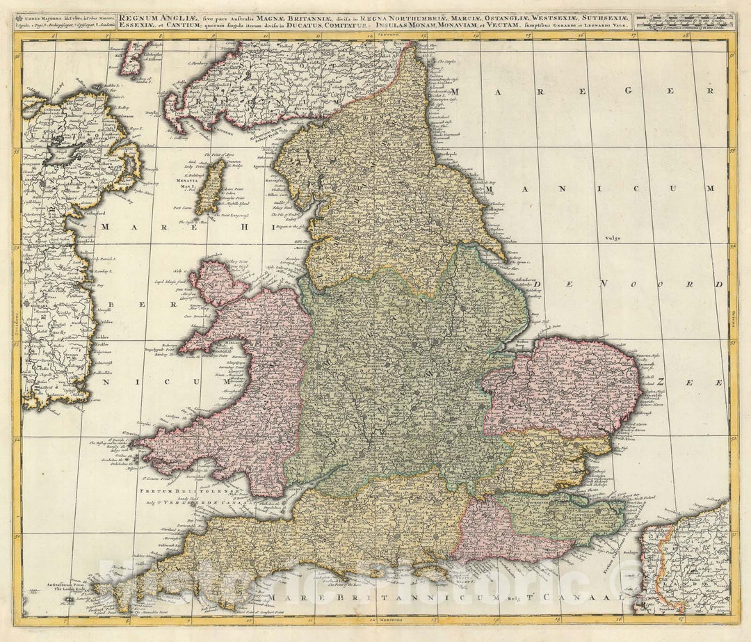 Historic Map : England and Wales, Valk, 1724, Vintage Wall Art