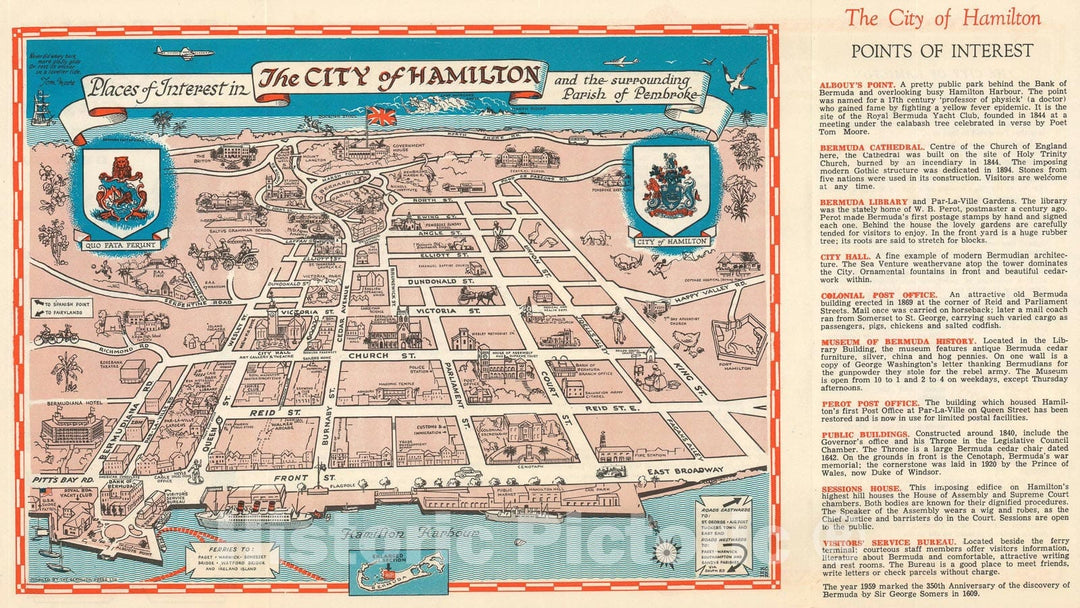 Historic Map : Bermuda Press Pictorial Map of Hamilton, Bermuda, 1959, Vintage Wall Art