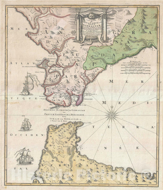 Historic Map : Map of The Strait of Gibraltar and Cadiz, Petit and Homann Heirs, 1730, Vintage Wall Art