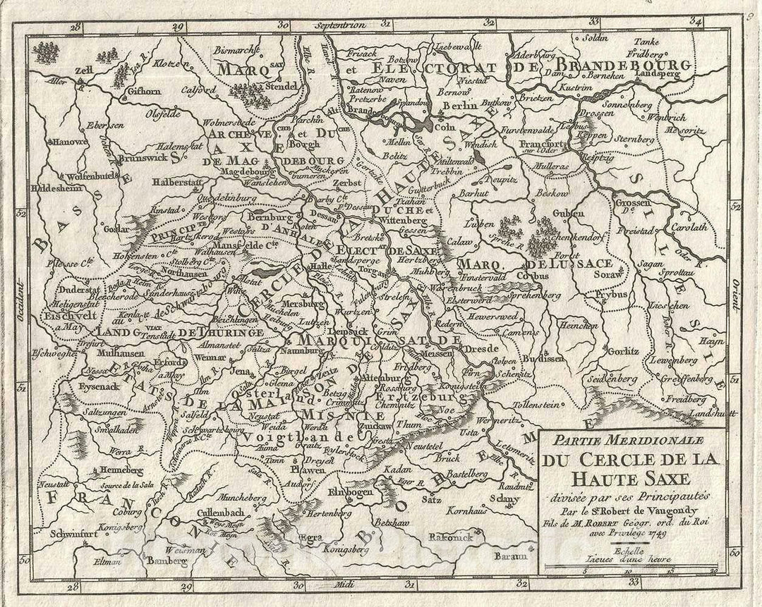 Historic Map : Southern Upper Saxony, Germany, Vaugondy, 1749, Vintage Wall Art