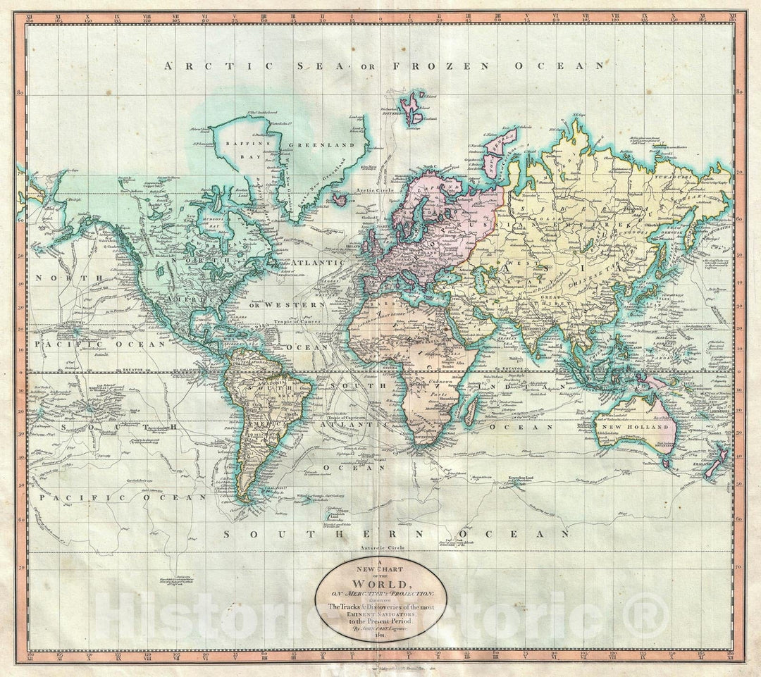 Historic Map : The World on Mercator Projection, Cary, 1801 v2, Vintage Wall Art