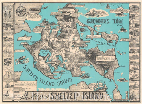 Historic Map : Pictorial map of Shelter Island, Long Island, Shepherd, 1966, Vintage Wall Art