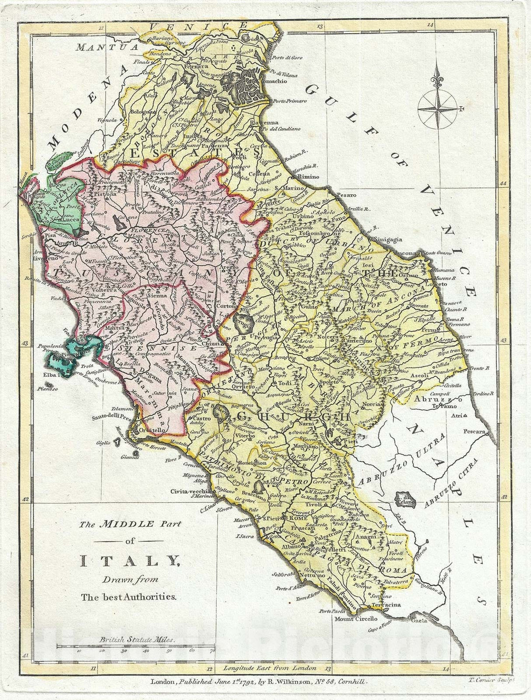 Historic Map : Tuscany and The Papal States, Italy, Wilkinson, 1792, Vintage Wall Art