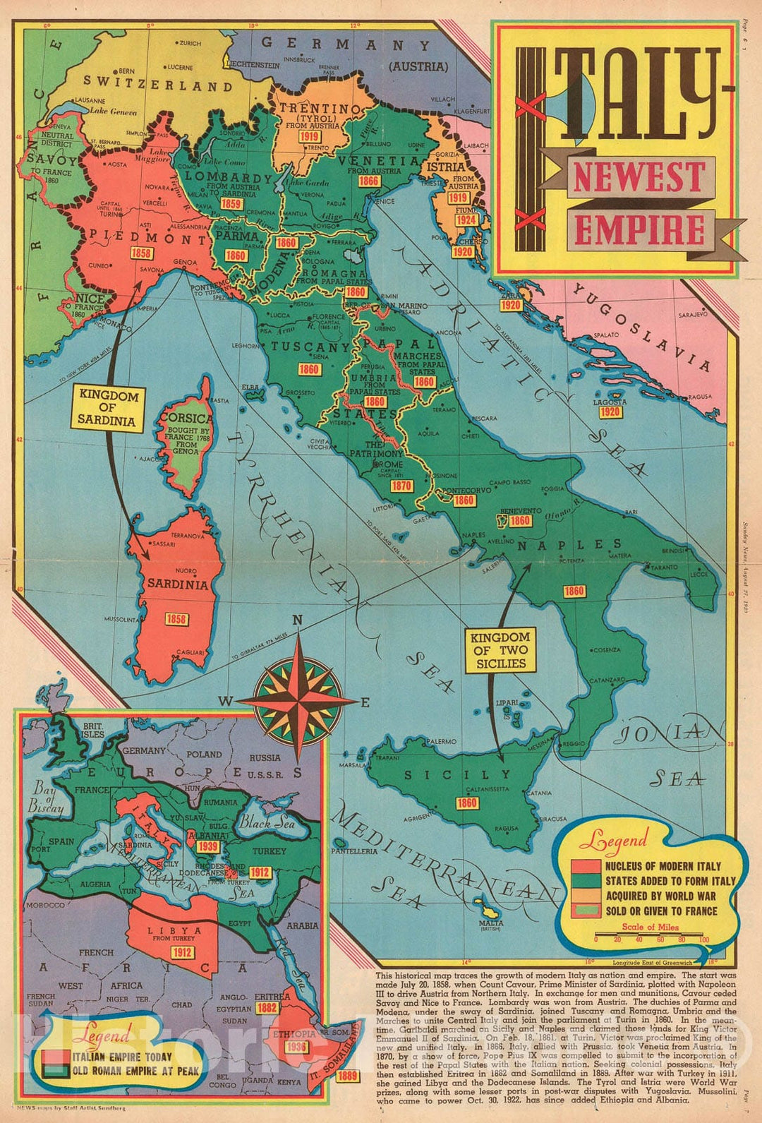 Historic Map : Italy and its New Empire on The Eve of WWII, Sundberg, 1939, Vintage Wall Art