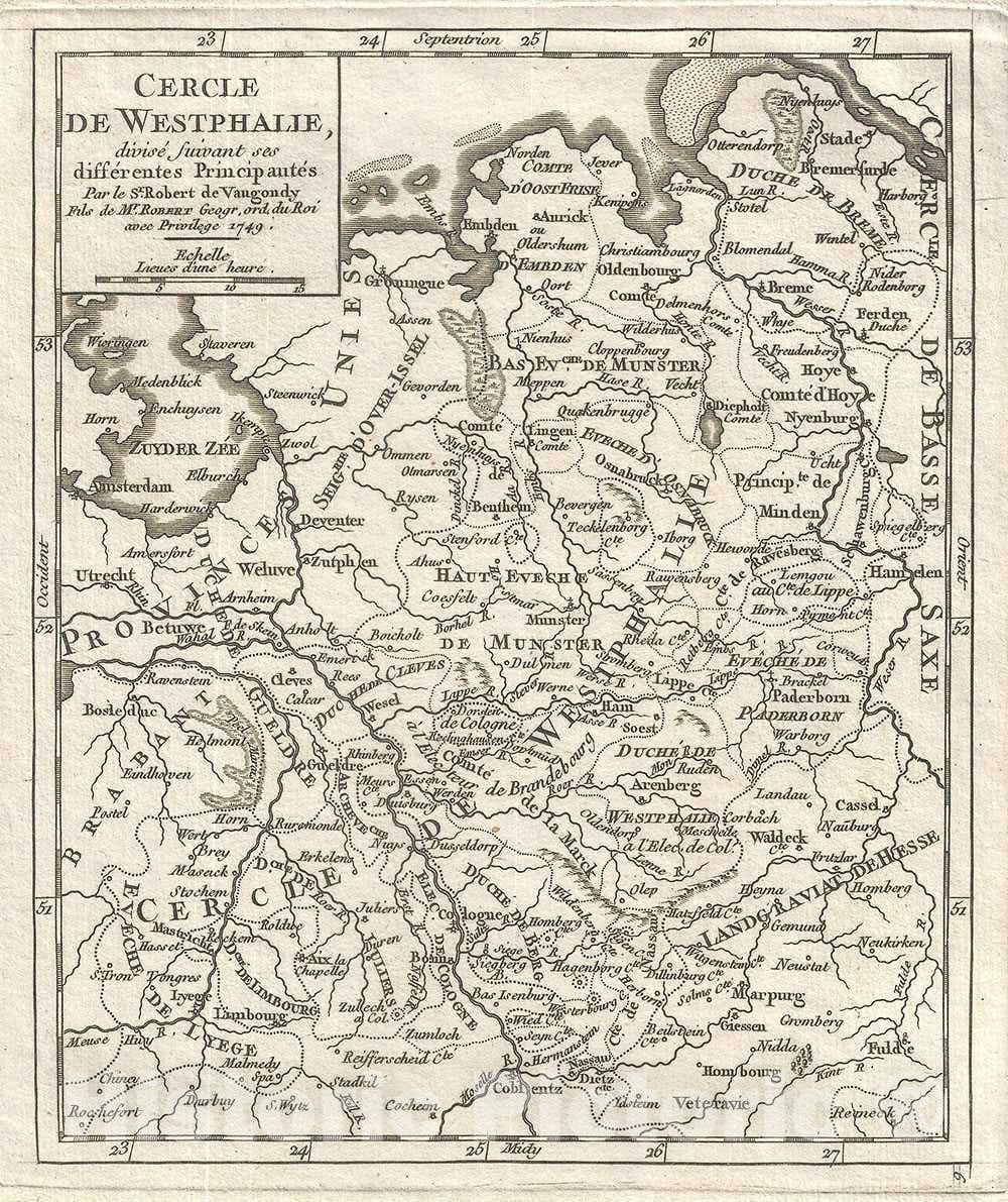 Historic Map : Westphalia, Germany, Vaugondy, 1749, Vintage Wall Art