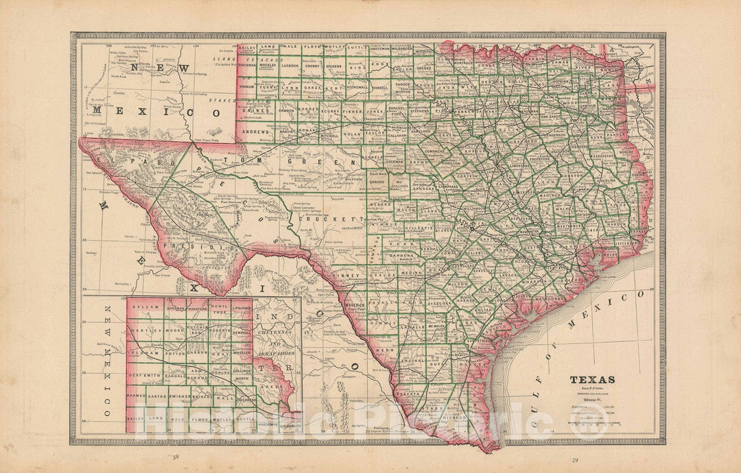 Historic Map : Texas, Cram, 1883, Vintage Wall Art