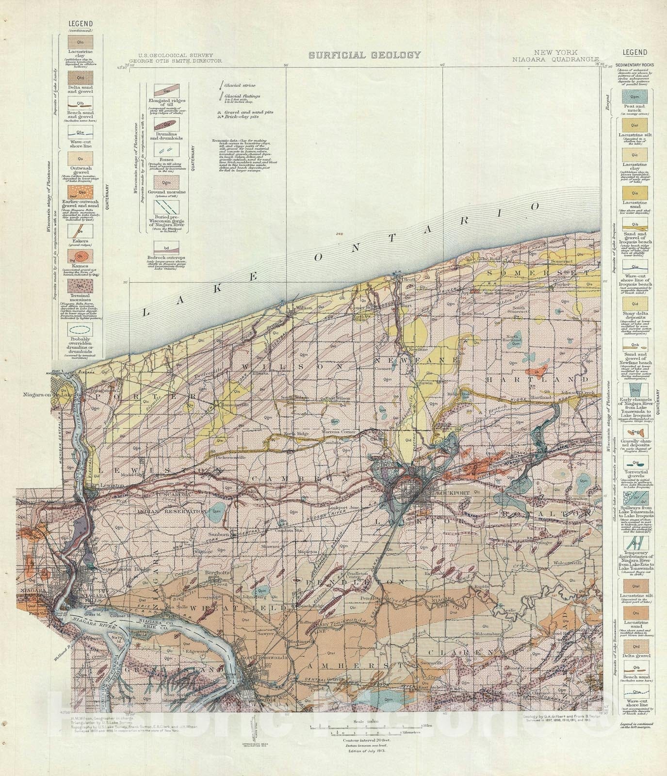 Historic Map : U.S. Geological Survey Surficial Geology Map of Niagara County, New York "with Niagara Falls", 1913, Vintage Wall Art