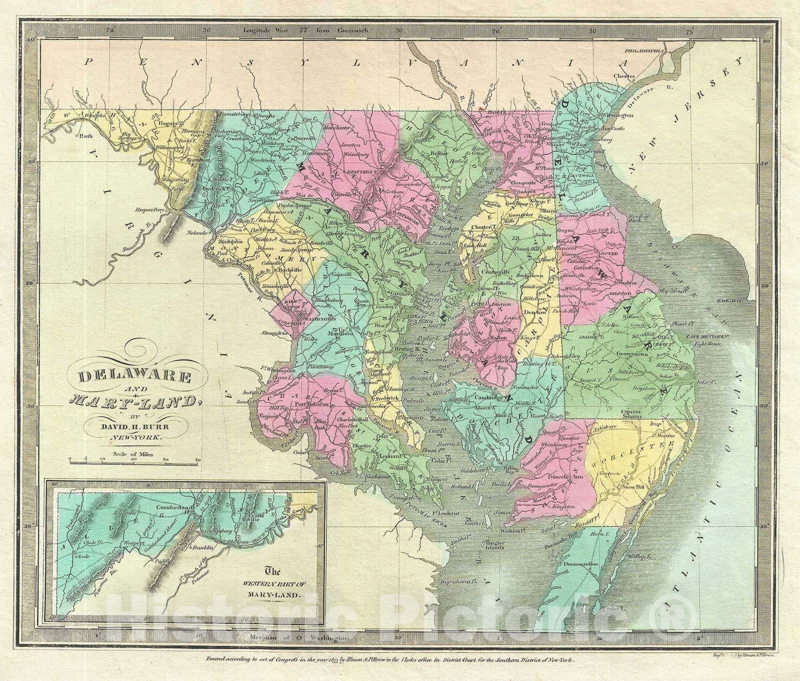 Historic Map : Delaware and Maryland, Burr, 1833, Vintage Wall Art