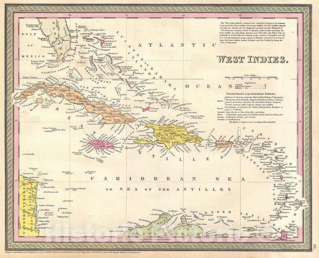 Historic Map : The West Indies "Cuba, Hispaniola, Porto Rico", Mitchell, 1854, Vintage Wall Art