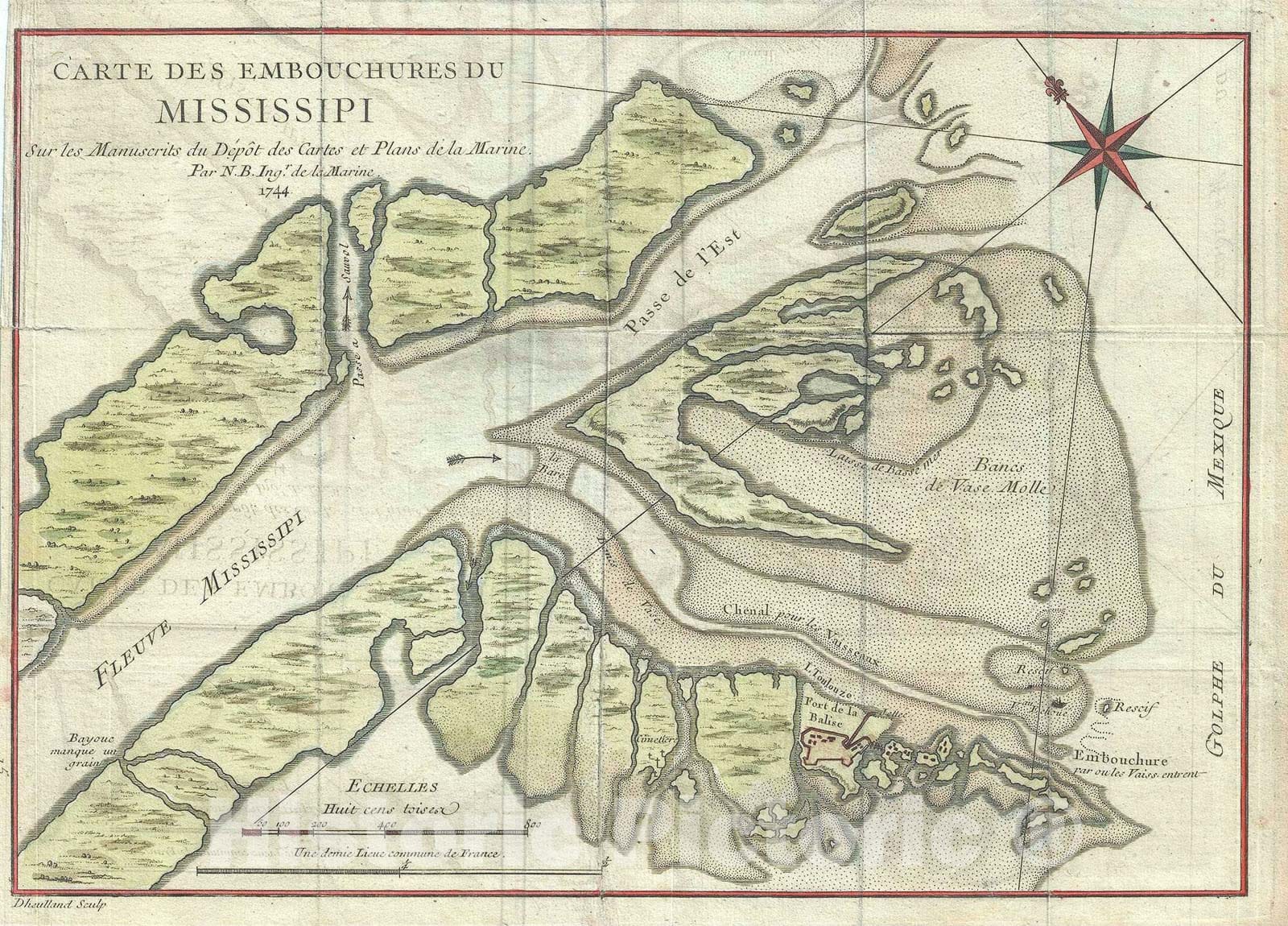 Historic Map : The Mouth of The Mississippi River, Bellin, 1744, Vintage Wall Art