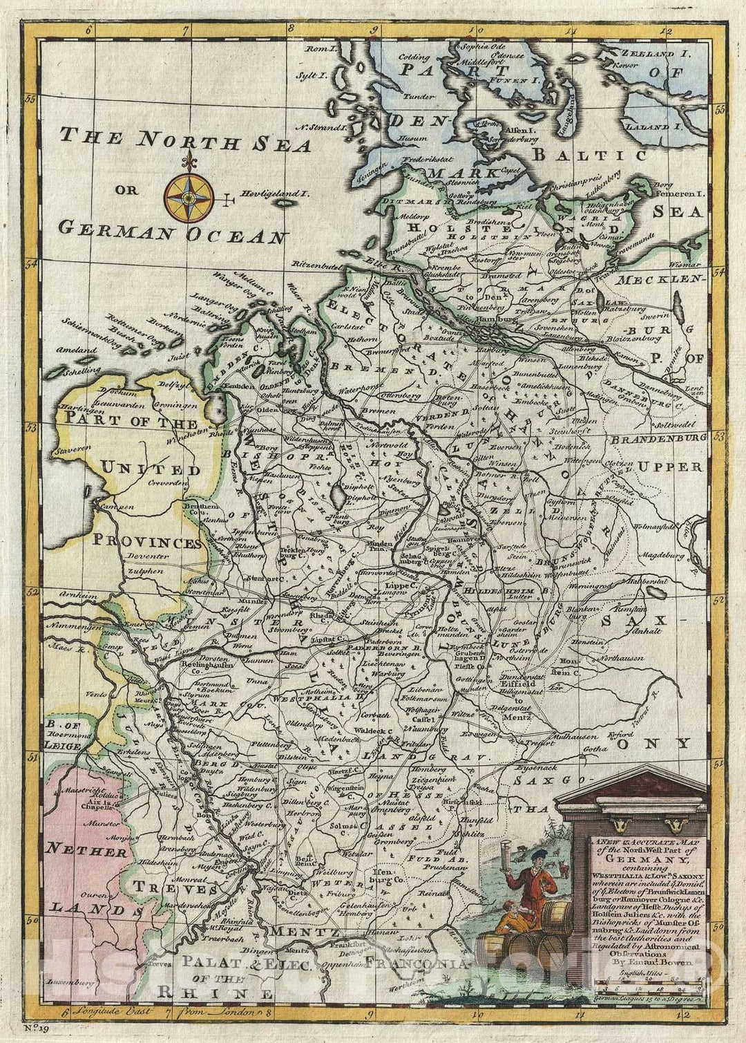 Historic Map : Northwestern Germany "Westphalia, Lower Saxony", Bowen, 1747, Vintage Wall Art