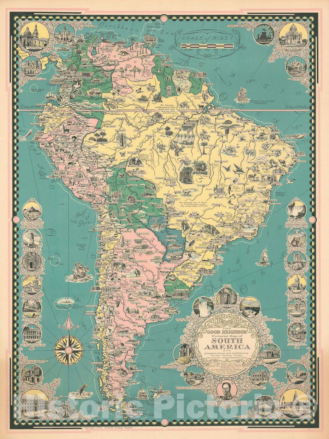 Historic Map : Pictorial South America, Chase, 1942, Vintage Wall Art