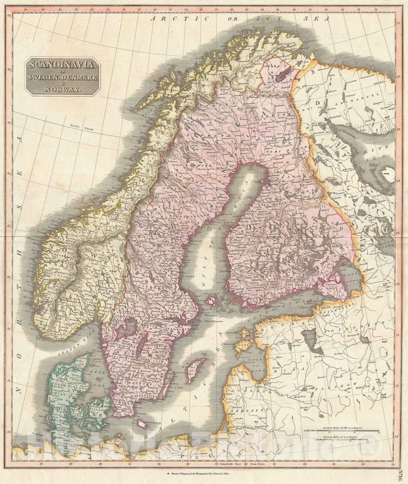 Historic Map : Scandinavia "Denmark, Sweden, Norway", Thomson, 1817, Vintage Wall Art