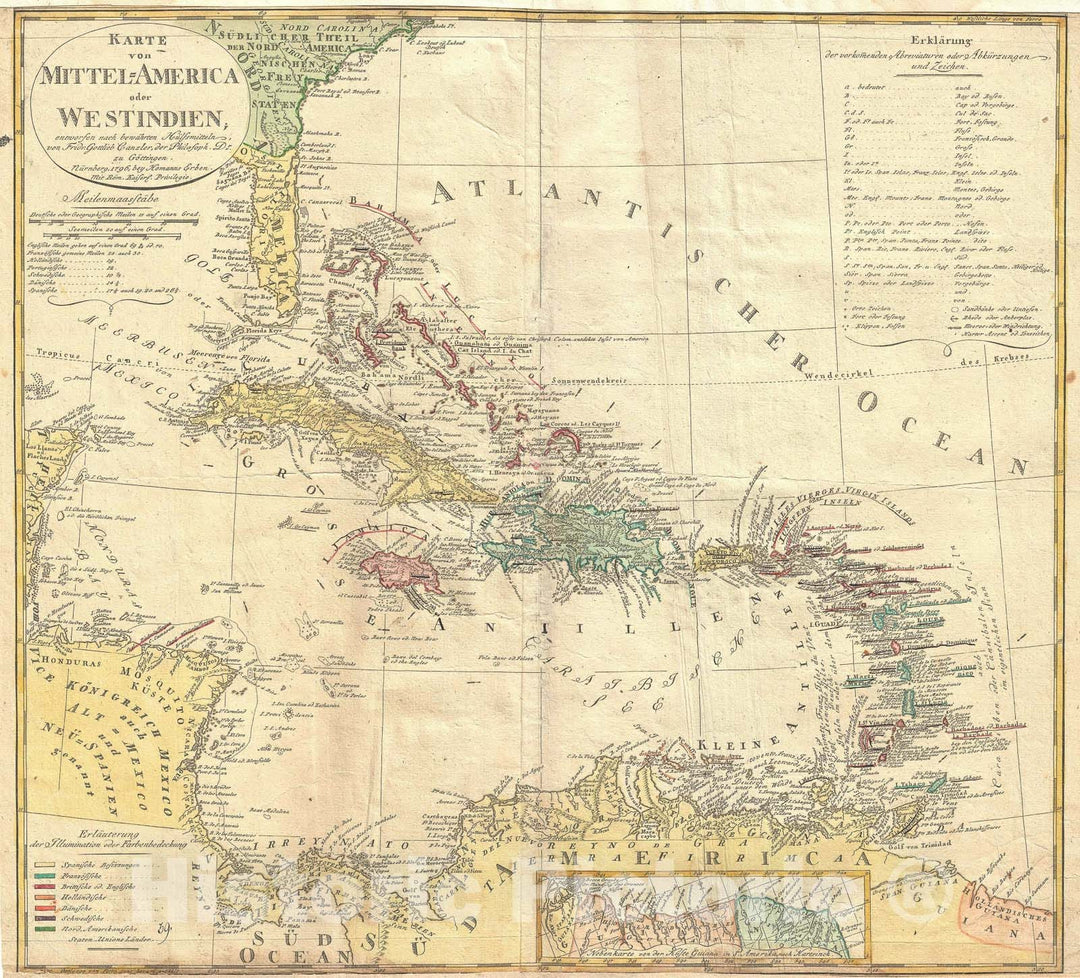 Historic Map : The West Indies or Caribbean Islands, Homann Heirs, 1796, Vintage Wall Art