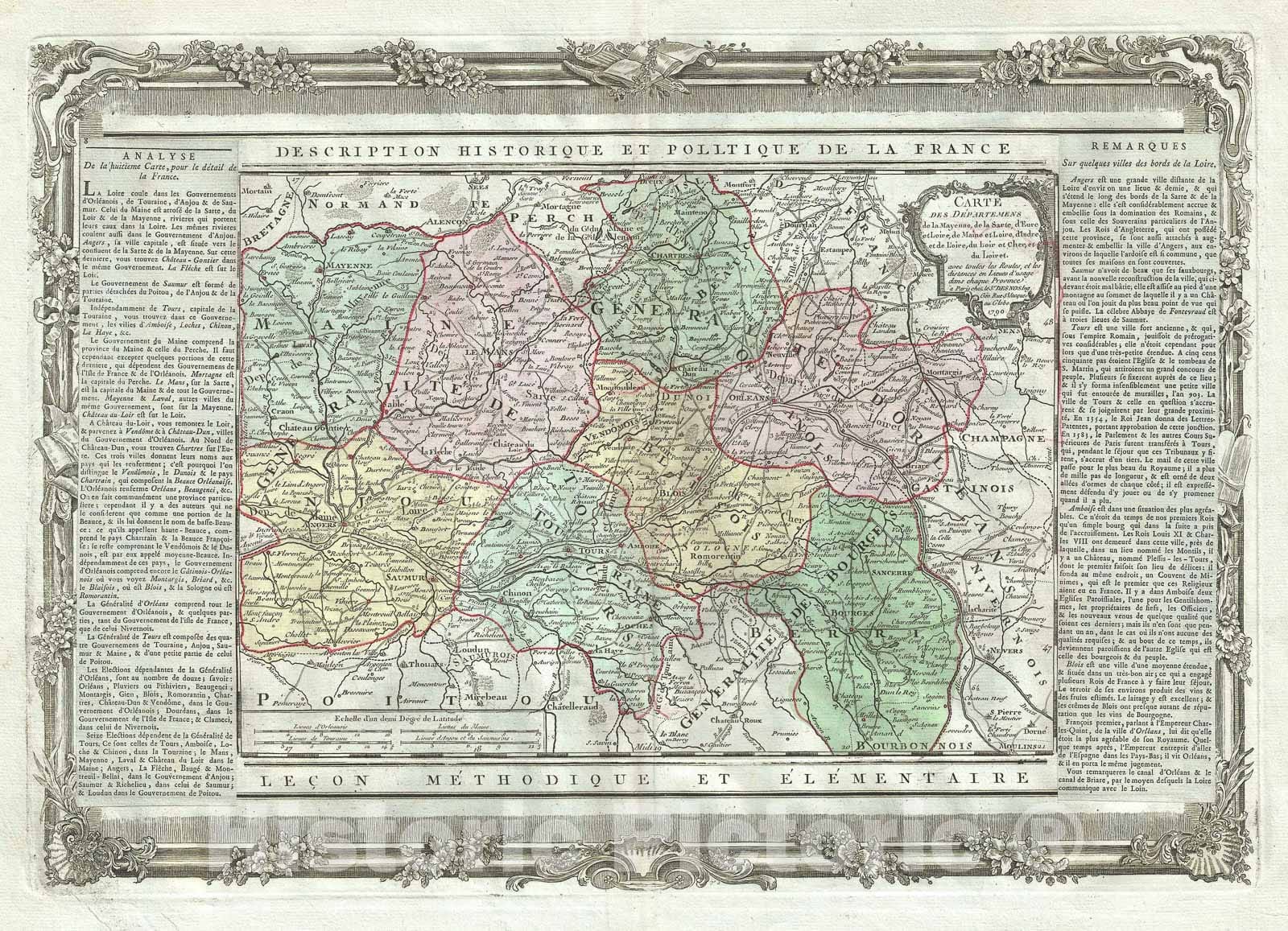 Historic Map : The Pays de la Loire, France "Loire Wine", Desnos, 1786, Vintage Wall Art