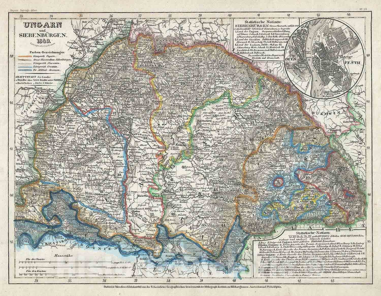 Historic Map : Hungary and Transylvania, Meyer, 1849, Vintage Wall Art