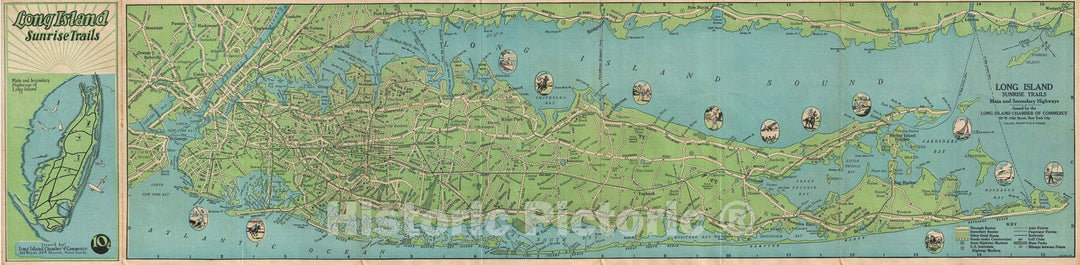 Historic Map : The Long Island, New York, Sunrise Trails, McNally, 1928, Vintage Wall Art