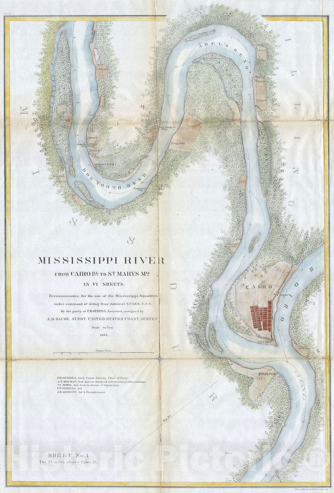 Historic Map : Nautical Chart The Mississippi River around Cairo Illinois, U.S.C.S., 1865, Vintage Wall Art