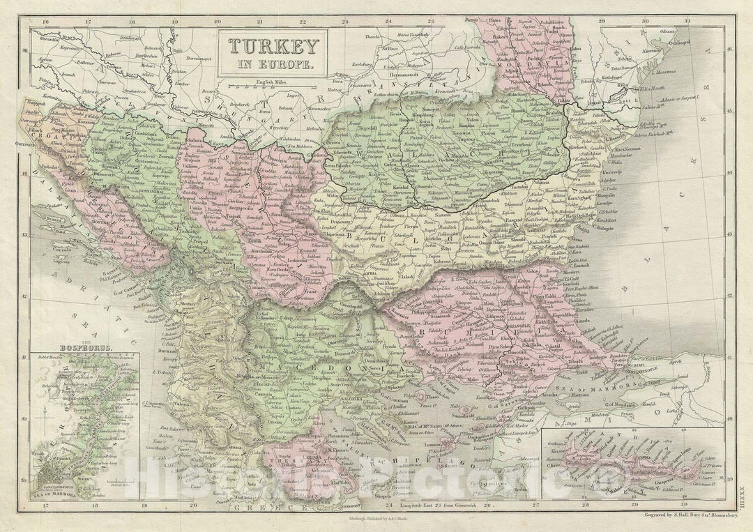 Historic Map : Turkey in Europe, Black, 1851, Vintage Wall Art