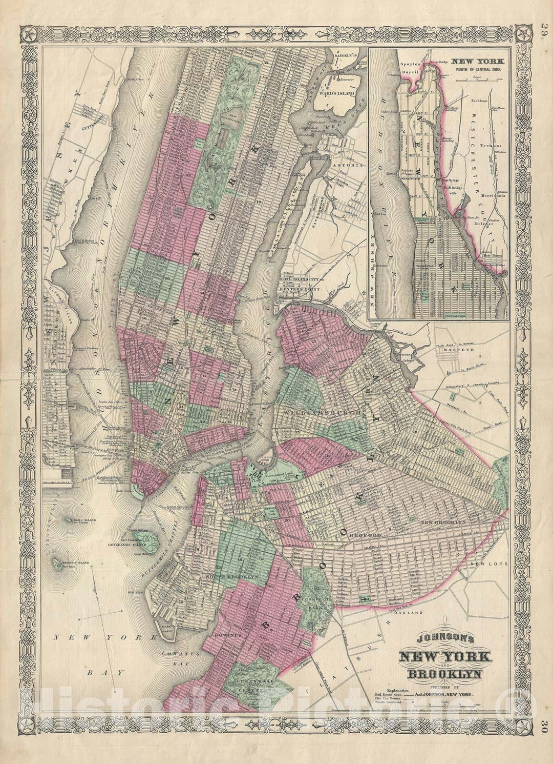 Historic Map : New York City and Brooklyn, Johnson, 1866 v1, Vintage Wall Art