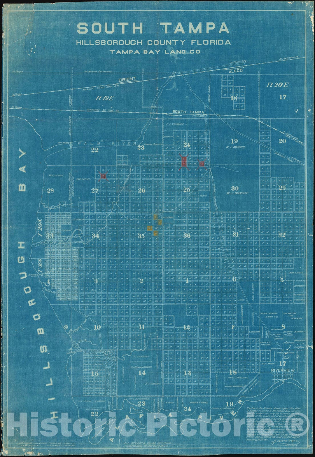 Historic Map : Tampa SE: Palm River-Clair Mel, Riverview, Tampa Land Co., 1911, Vintage Wall Art