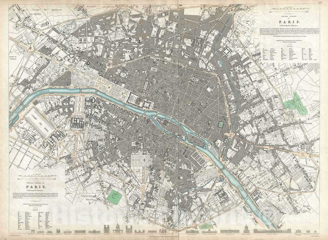 Historic Map : Plan of Paris, France, S.D.U.K., 1834, Vintage Wall Art