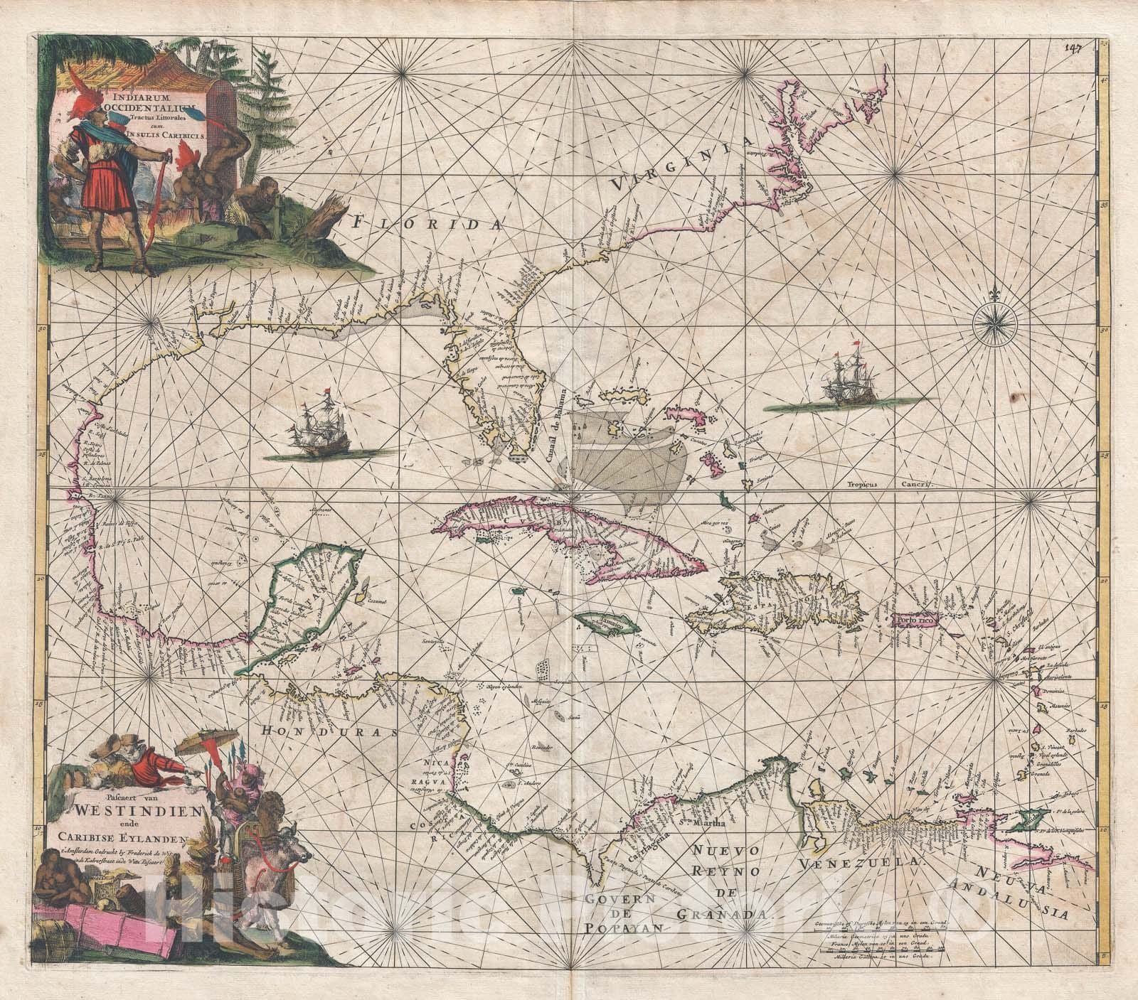 Historic Map : The West Indies and The North American Coast, First Edition De Wit, 1675, Vintage Wall Art