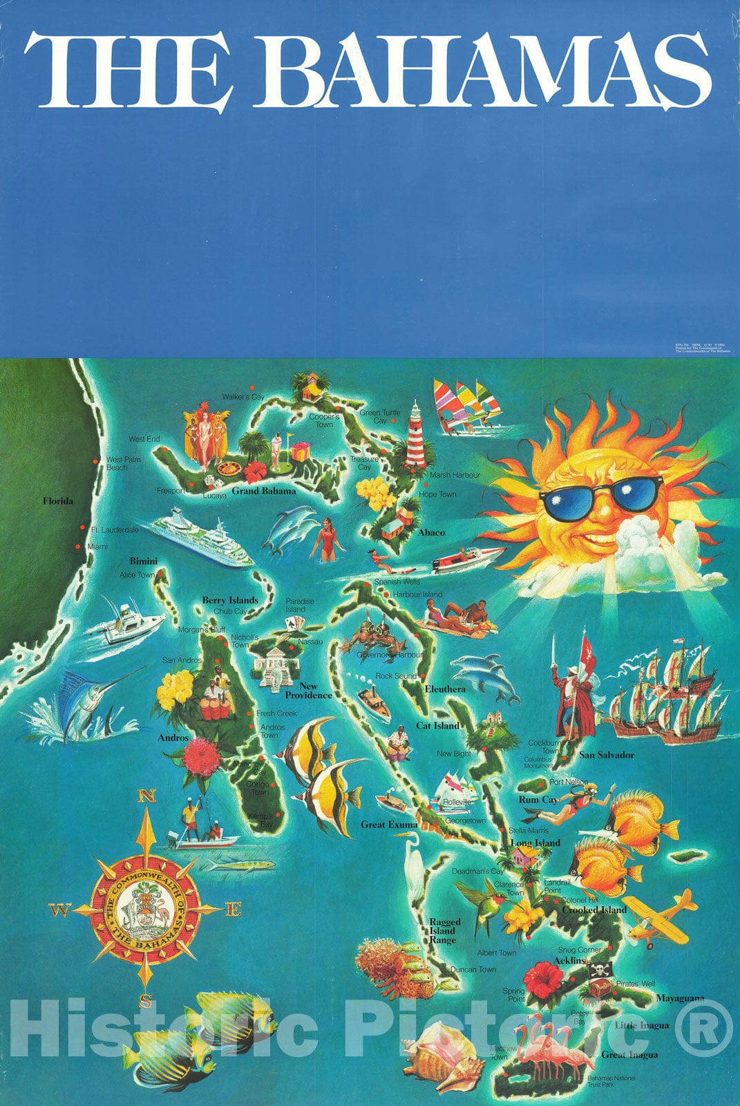 Historic Map : Pictorial Map of Pictorial Map of The Bahamas, 1990, Vintage Wall Art