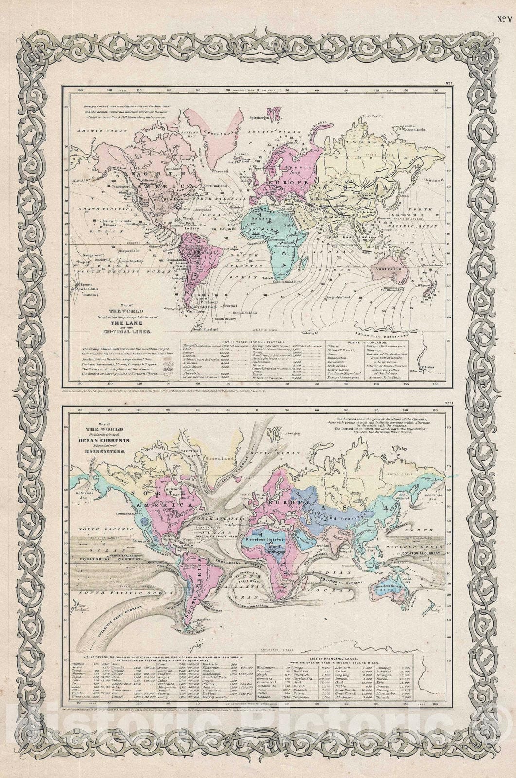 Historic Map : World Ocean Currents and Co-Tidal Lines, Colton, 1857, Vintage Wall Art