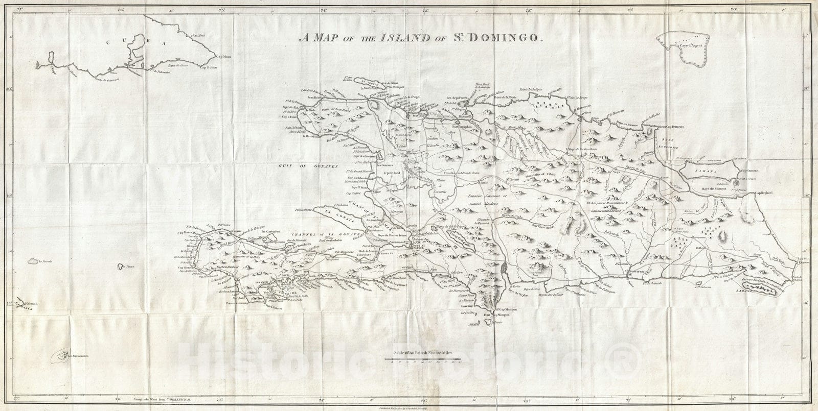 Historic Map : Hispaniola or Santo Domingo, West Indies "Haiti, Dominican Republic", Stockdale, 1800, Vintage Wall Art