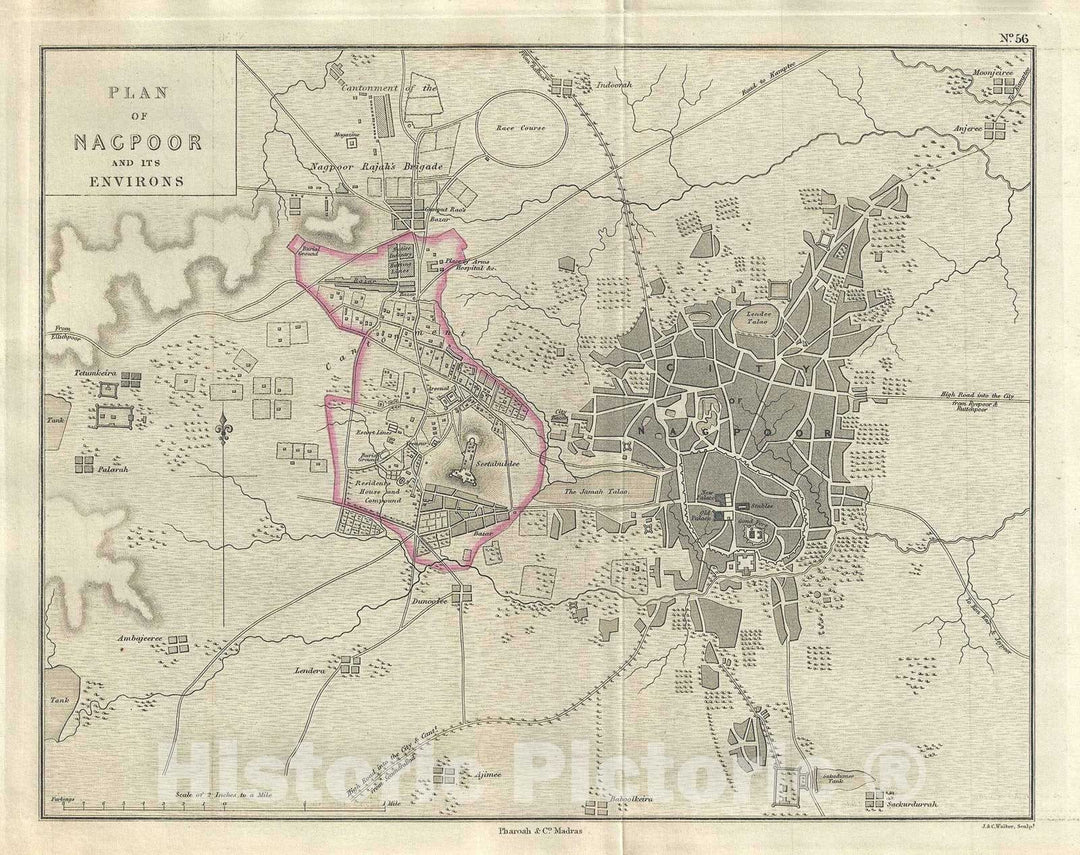 Historic Map : Plan of The city of Nagpur, India, Pharoah, 1854, Vintage Wall Art