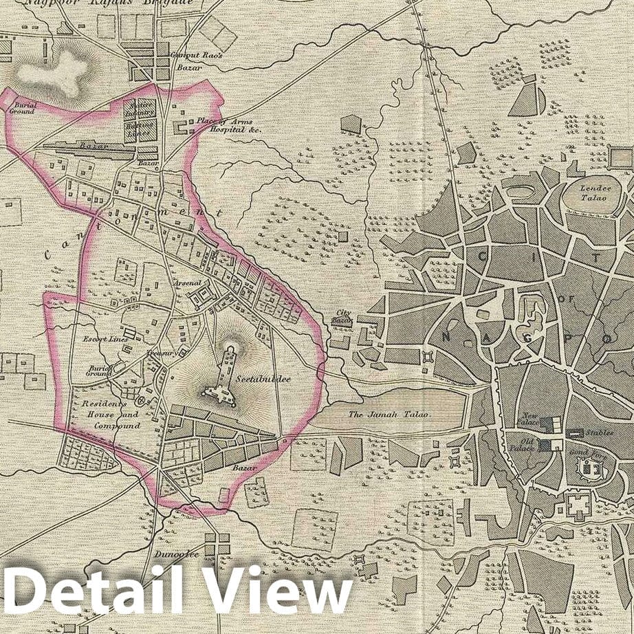 Historic Map : Plan of The city of Nagpur, India, Pharoah, 1854, Vintage Wall Art