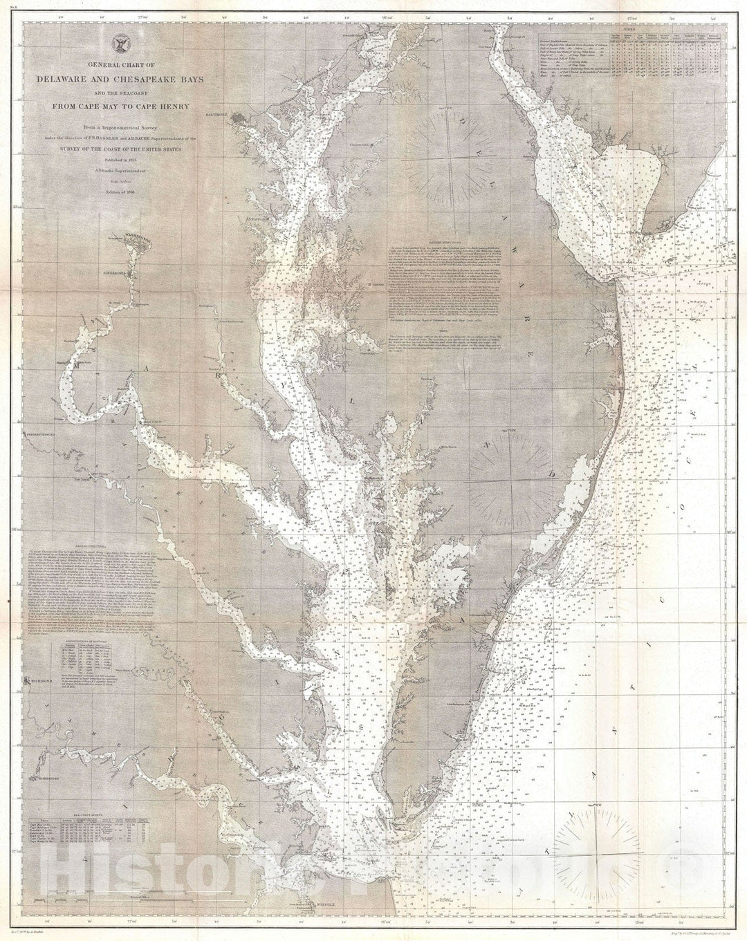 Historic Map : The Chesapeake Bay and Delaware Bay, U.S. Coast Survey, 1866 v1, Vintage Wall Art