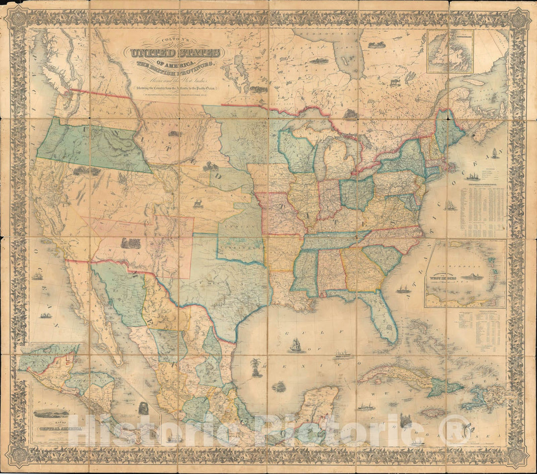 Historic Map : The United States, Colton Case, 1853, Vintage Wall Art