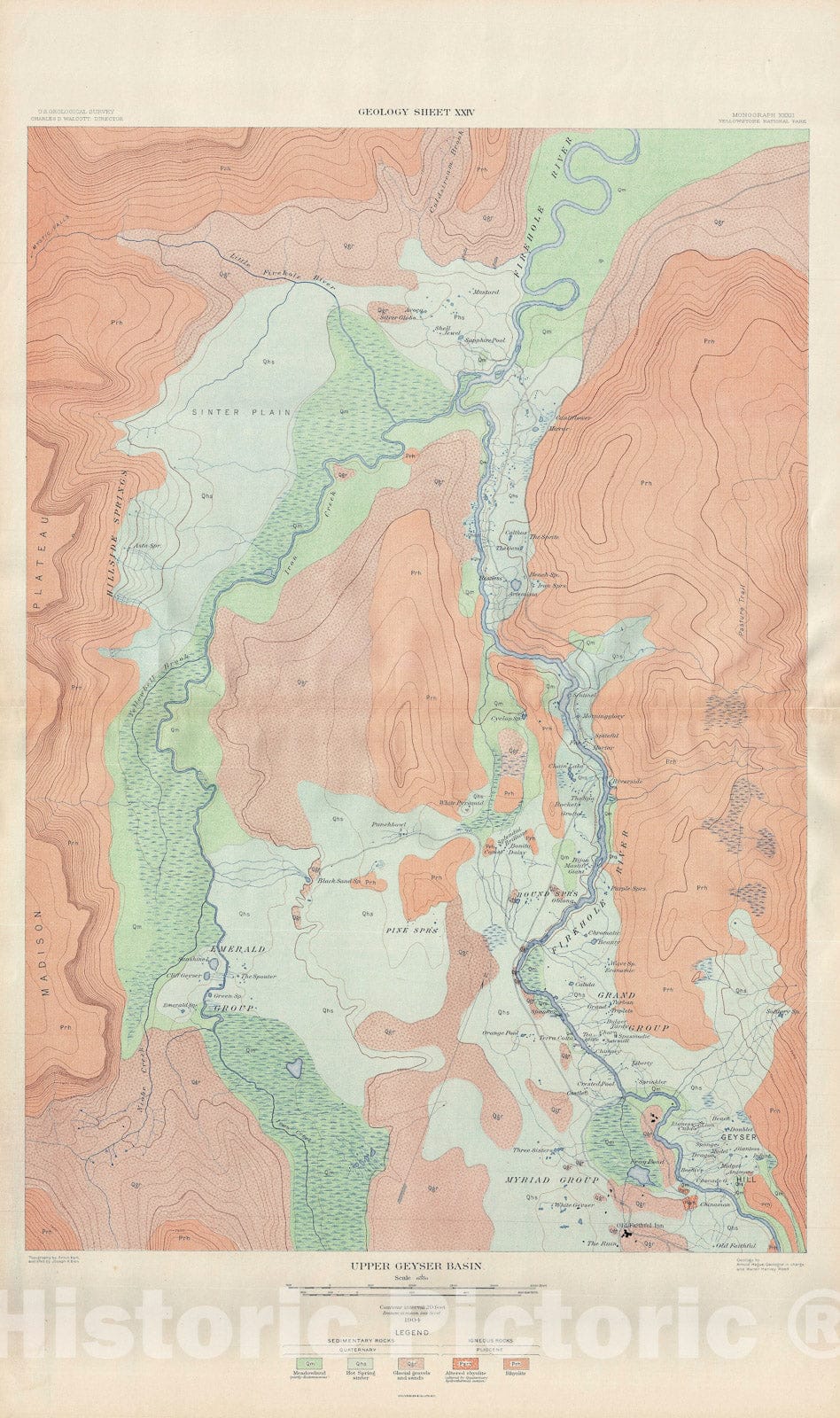 Historic Map : Upper Geyser Basin, Yellowstone National Park, USGS Geologic, 1904, Vintage Wall Art