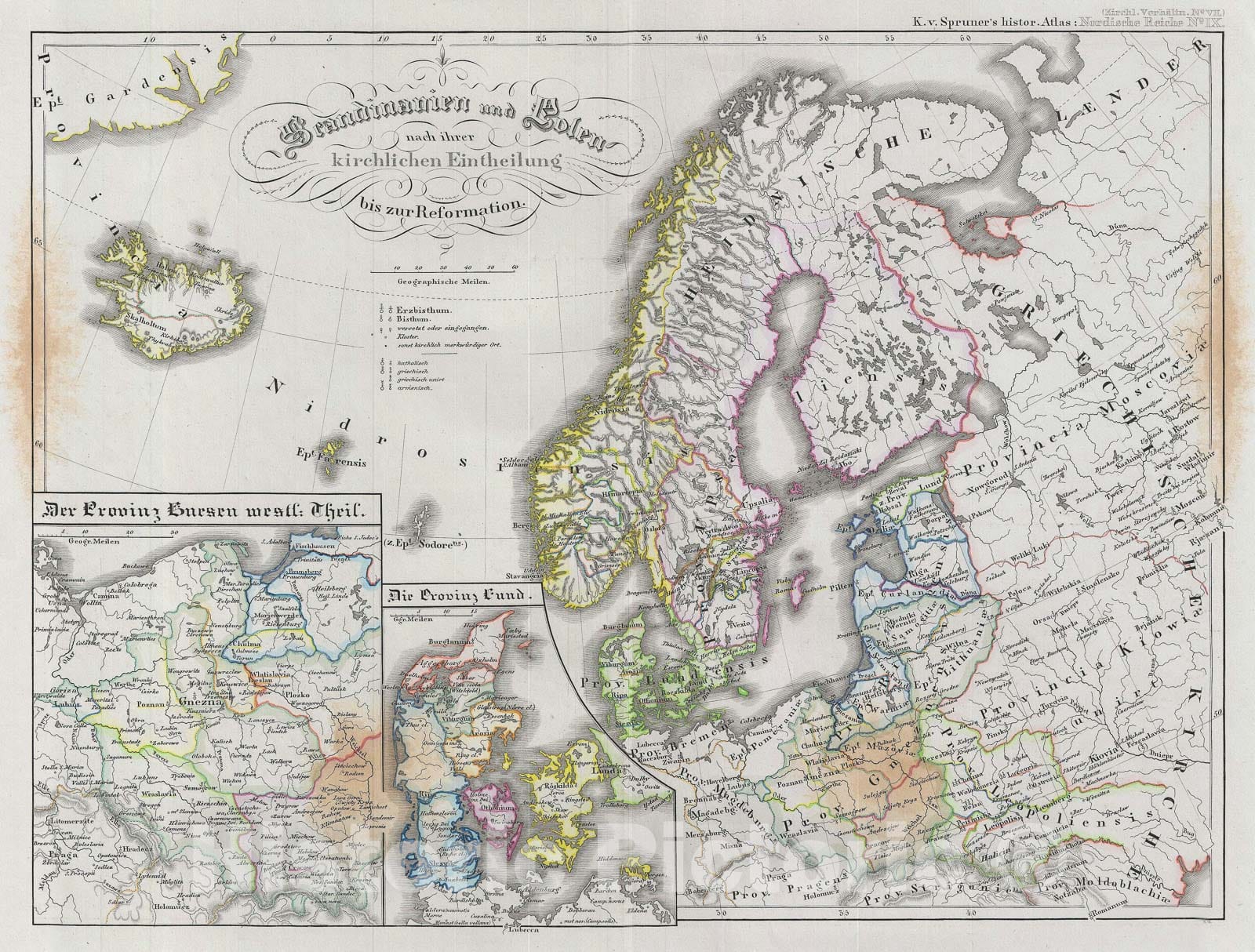 Historic Map : Scandinavia and Poland before Reformation, Spruner, 1854, Vintage Wall Art