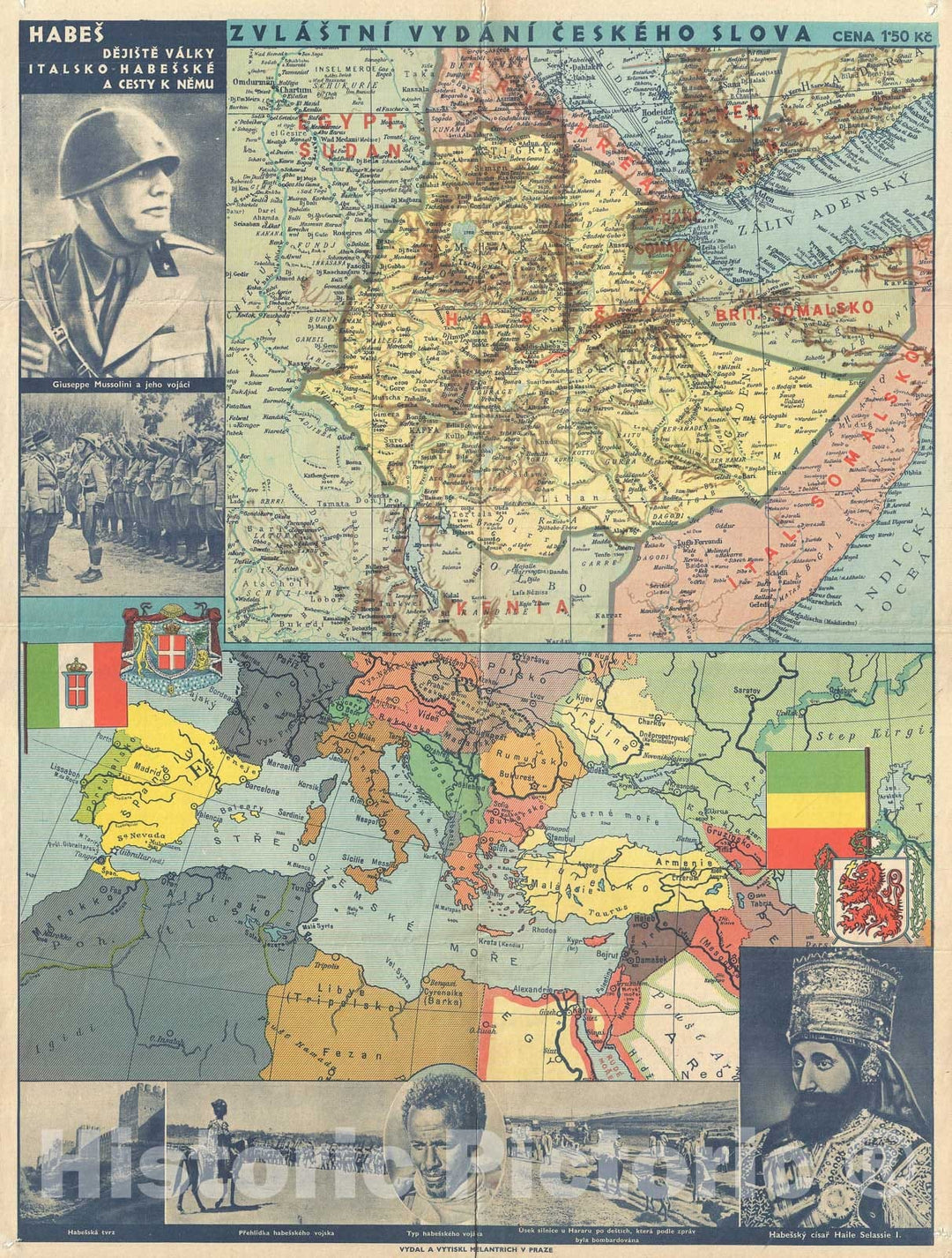 Historic Map : Eithiopa illustrating The Second Italo-Abyssinian War, Melantrich Czech, 1935, Vintage Wall Art