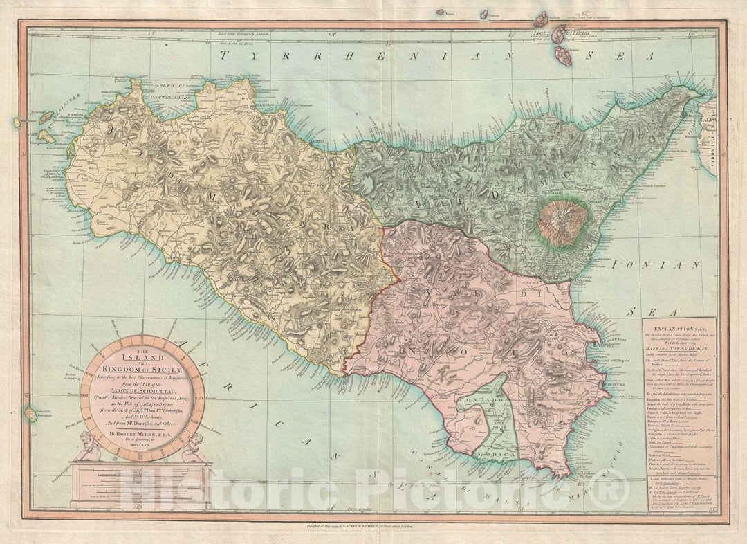 Historic Map : Sicily, Mylne and Laurie and Whittle, 1799, Vintage Wall Art