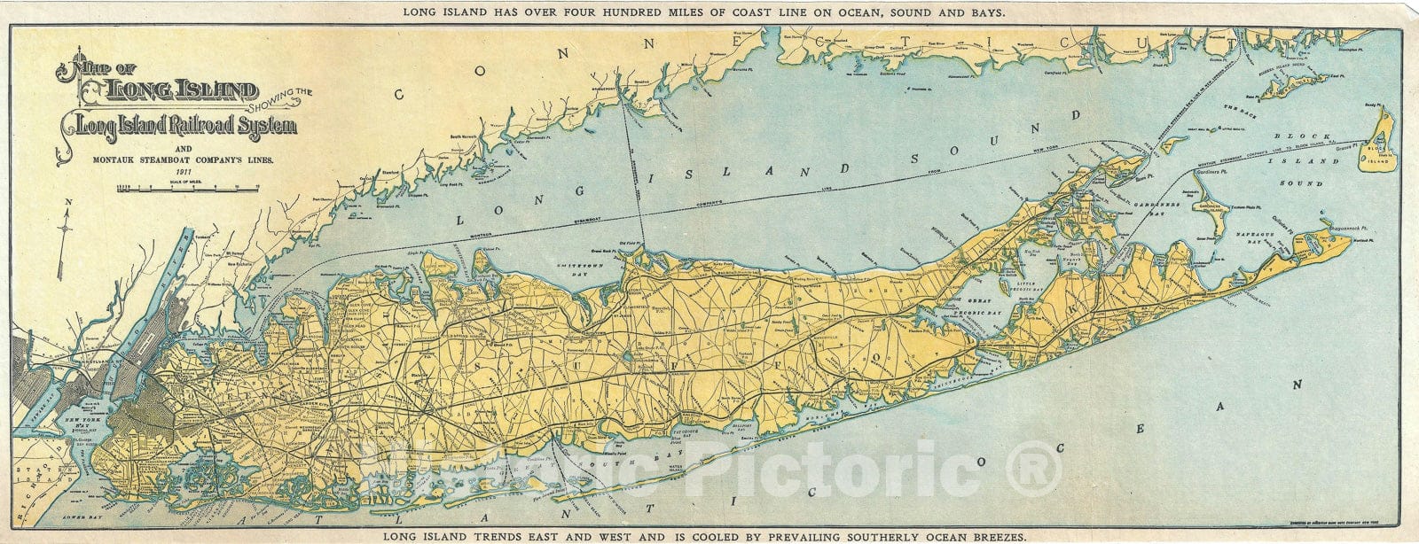 Historic Map : Long Island, New York, Long Island Railroad, 1911, Vintage Wall Art