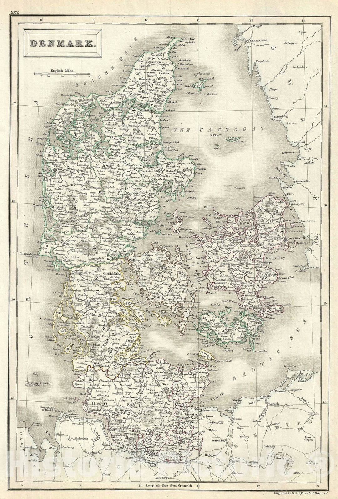 Historic Map : Denmark, Black, 1844, Vintage Wall Art